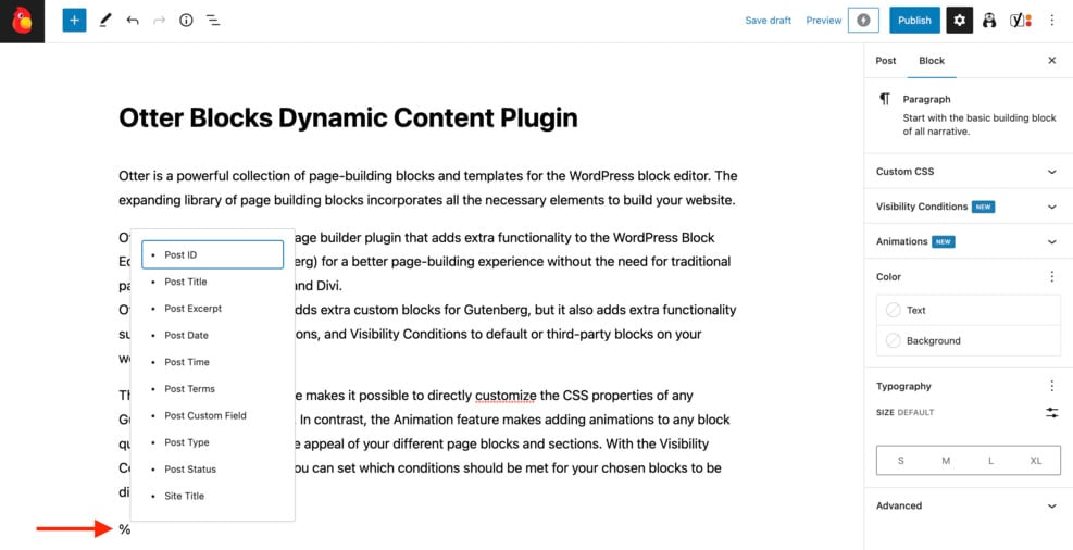 Contoh menyisipkan konten dinamis menggunakan plugin Otter Blocks.