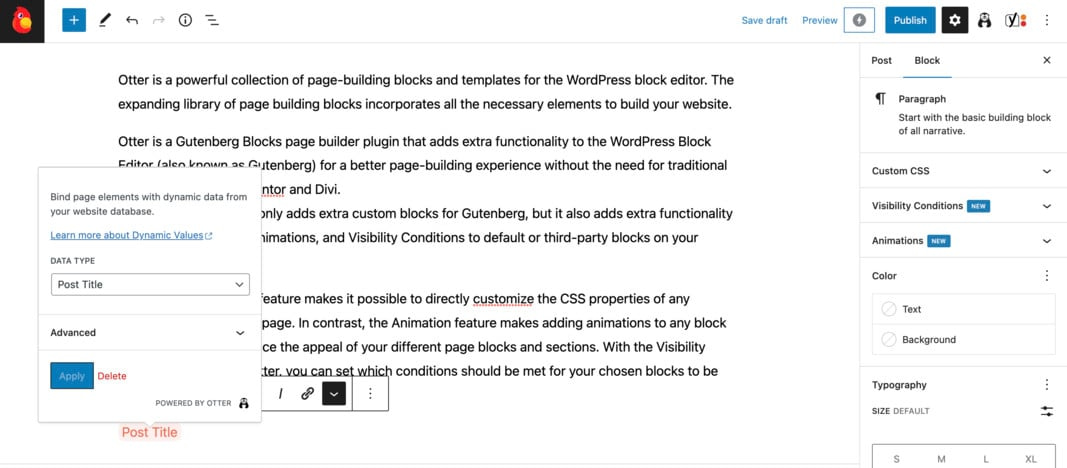 Un deuxième exemple d'insertion de contenu dynamique à l'aide du plugin Otter Blocks.