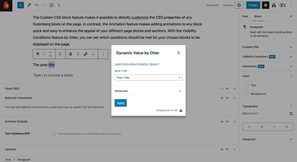 Contoh keempat memasukkan konten dinamis WordPress menggunakan plugin Otter Blocks.