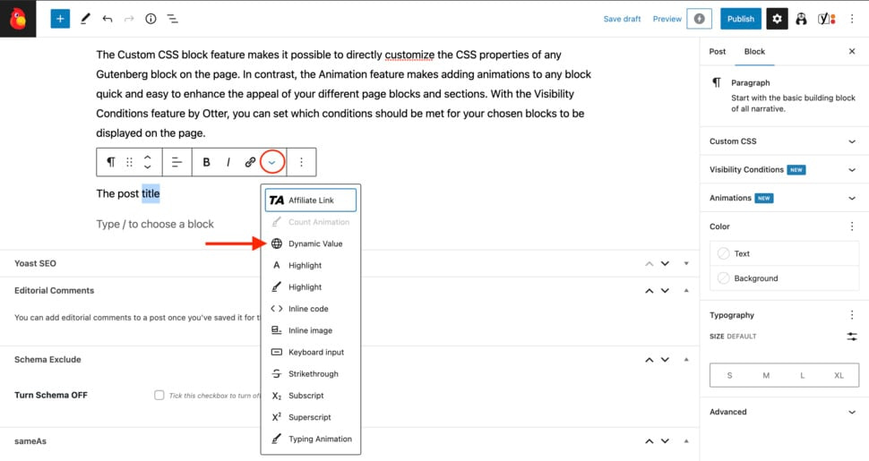 Contoh ketiga memasukkan konten dinamis menggunakan plugin Otter Blocks.