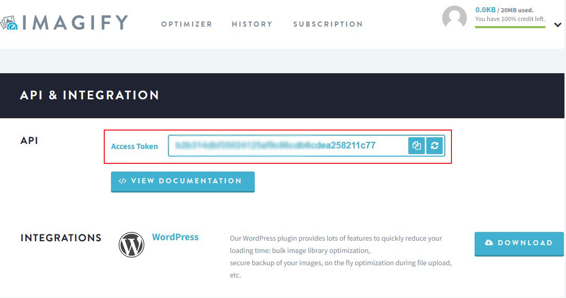 Выберите ключ API Imagify в своем профиле Imagify