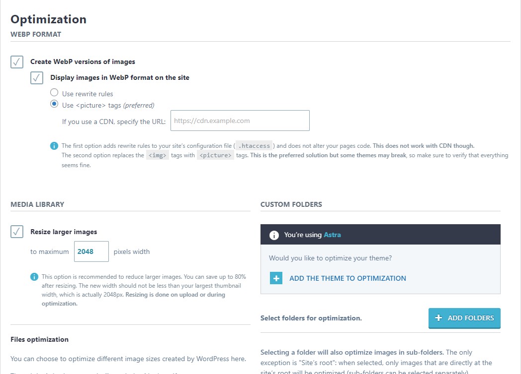 Imagify Optimization WebP-Formateinstellungen