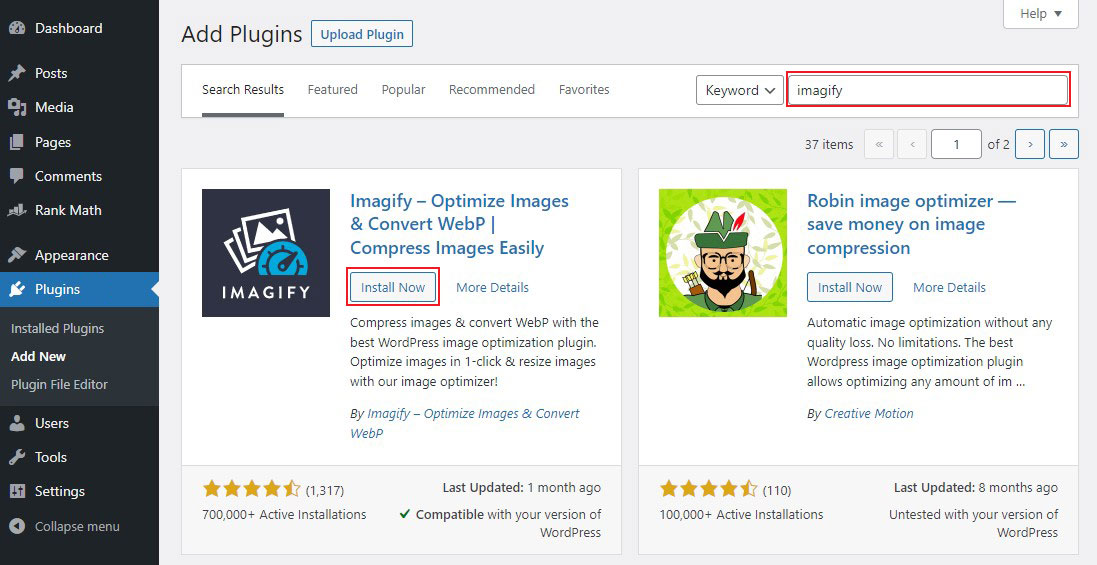 ติดตั้ง Imagify Plugin จาก WordPress Dashboard