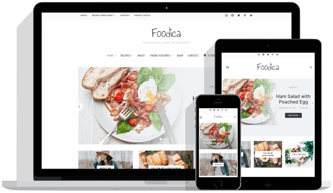 Tema Foodica | Mockup Desktop, Tablet, Seluler