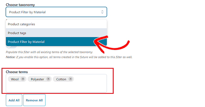 Choose the custom attribute filter and add its terms