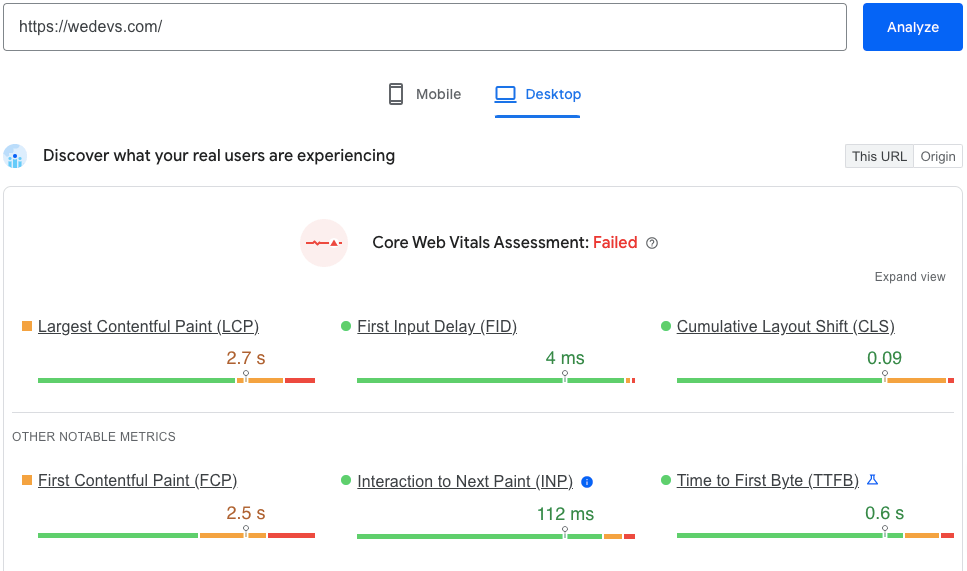 這是顯示 weDevs 網站頁面速度結果的屏幕截圖。