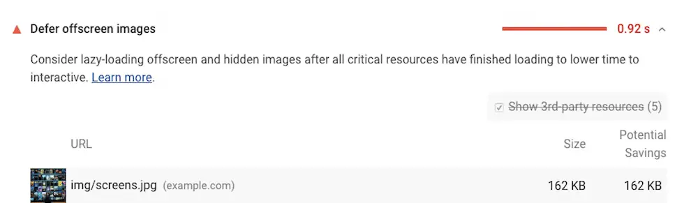 Google Lighthouse แสดงเมตริกภาพ Defer offscreen พร้อมเวลาที่ใช้ในการโหลดภาพเหล่านั้น