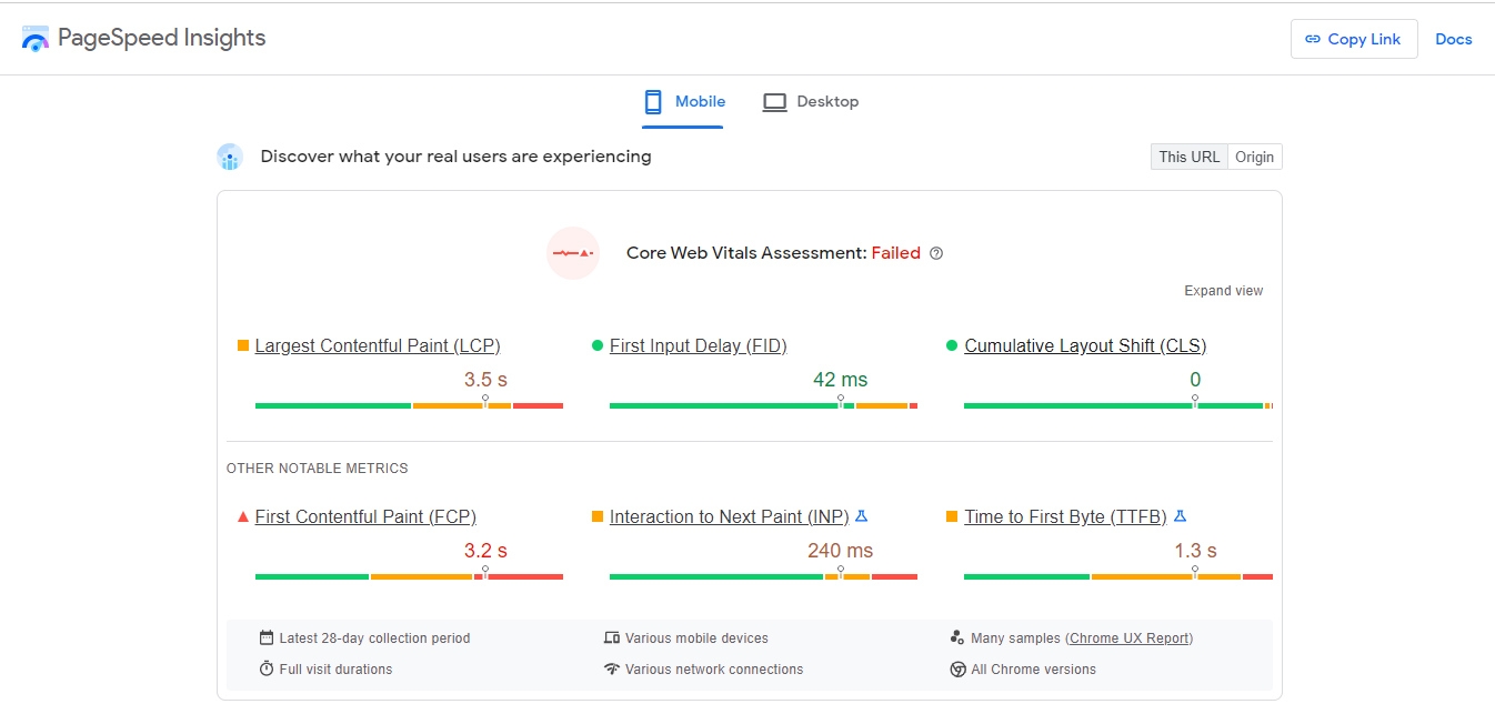 PageSpeed Insights 上的 Core Web Vitals 评估。