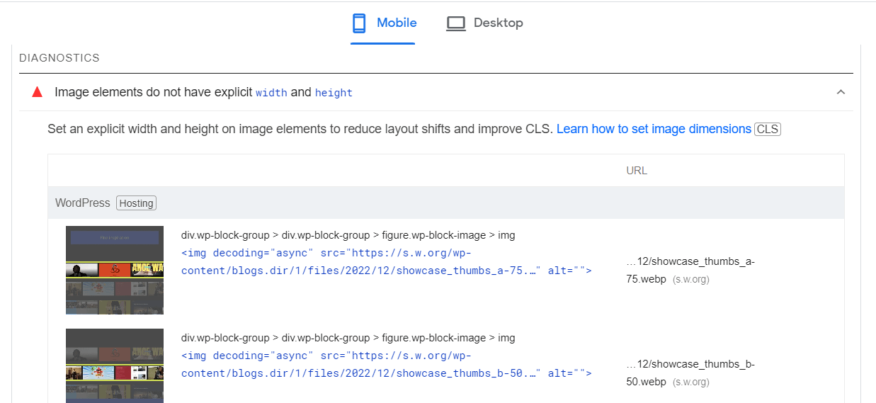 关于 PageSpeed Insights 的更详细的 CLS 报告。