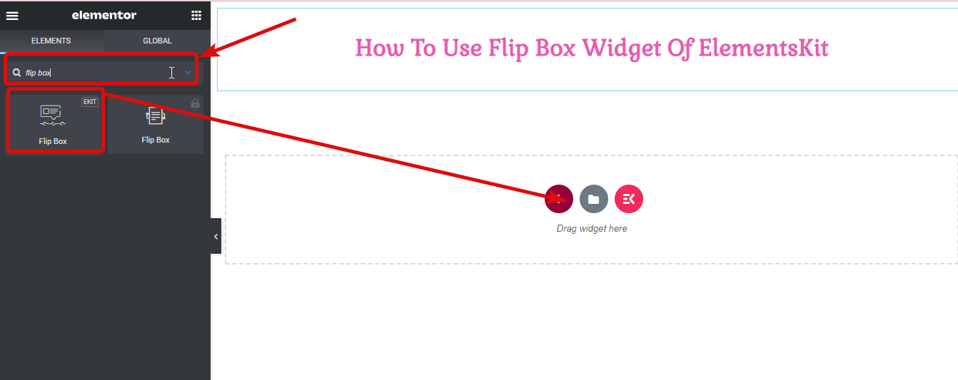 ลากและวางวิดเจ็ต flip box ของ elementkit- วิธีสร้าง Flipbox Overlays และ Hovers ใน WordPress