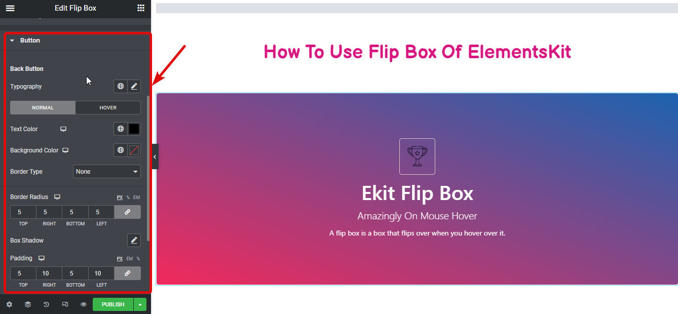 การตั้งค่ากล่องพลิกสไตล์ปุ่ม - วิธีสร้างการซ้อนทับ Flipbox และโฮเวอร์ใน WordPress