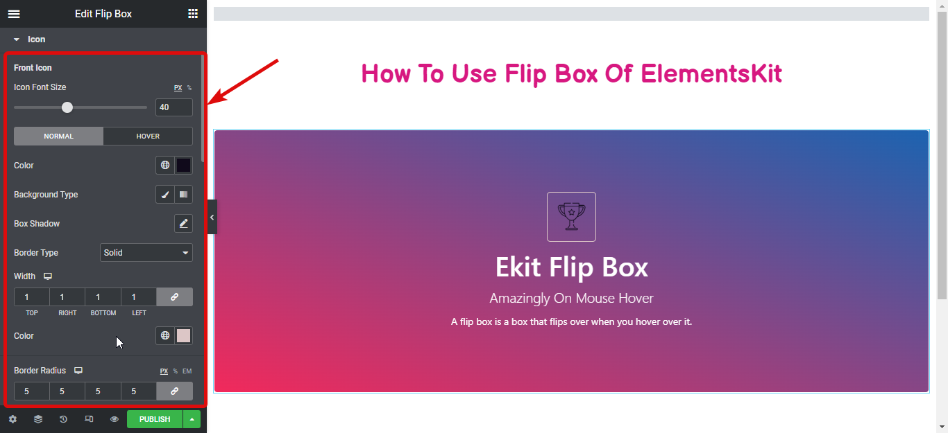 การตั้งค่ากล่องพลิกสไตล์ไอคอน - วิธีสร้างการซ้อนทับ Flipbox และโฮเวอร์ใน WordPress