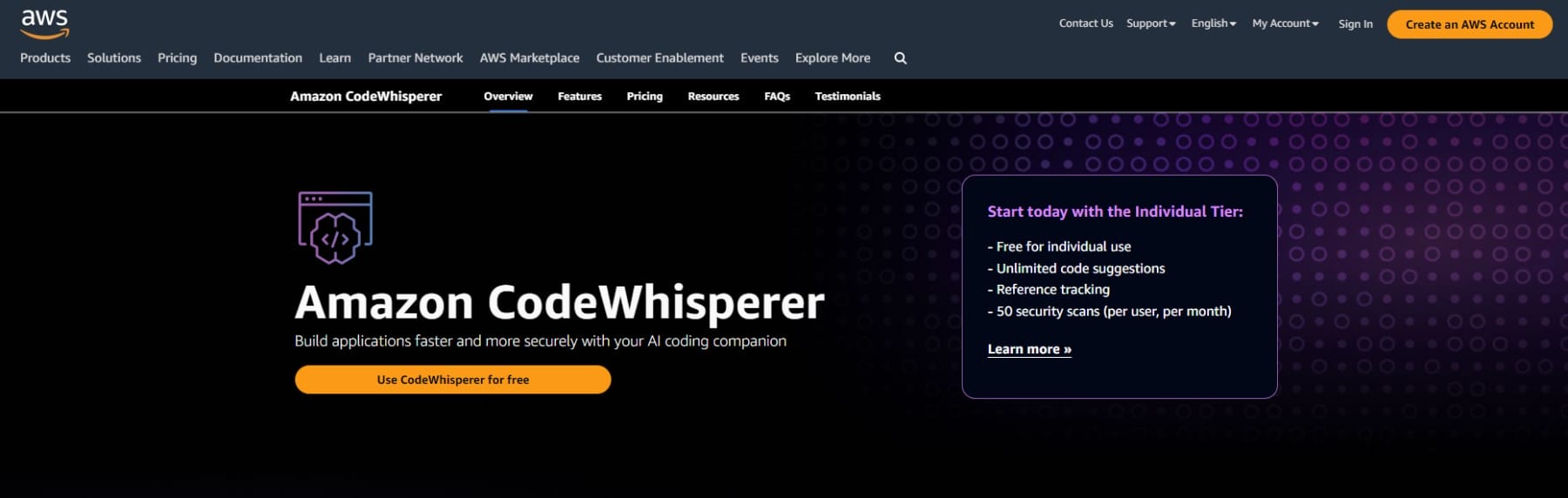 Amazon CodeWhisperer - Page d'accueil Mai 2023