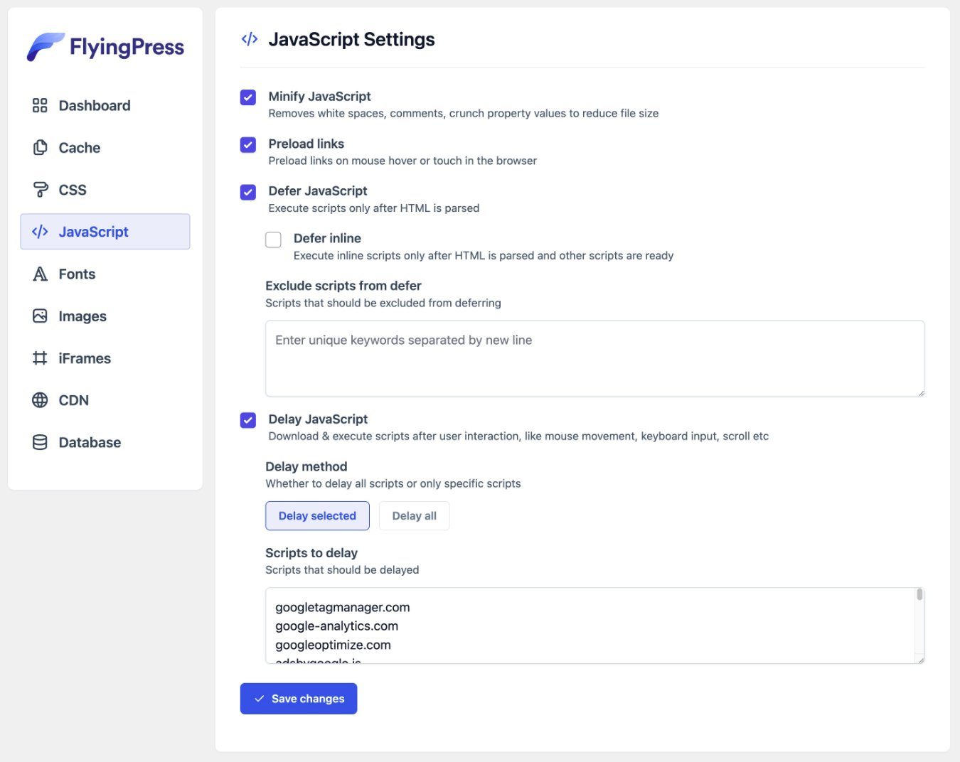 การตรวจสอบการปรับแต่ง JavaScript ของ FlyingPress