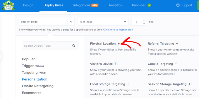 Select physical location display rule