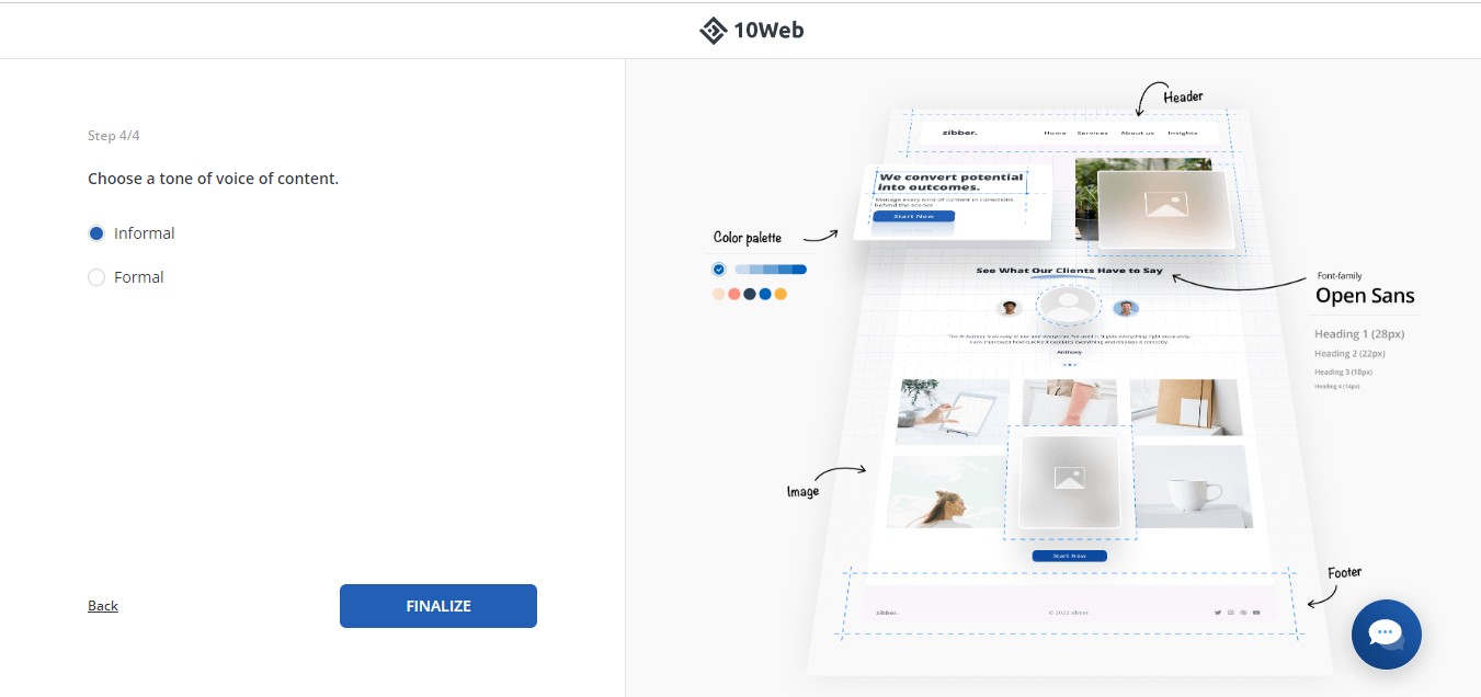 Elegir un tono de voz en 10Web.