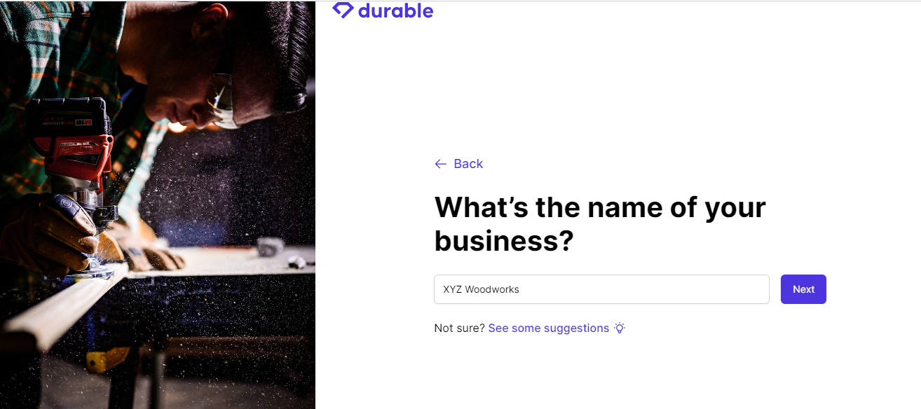 Ingresando un nombre para su negocio en Durable.