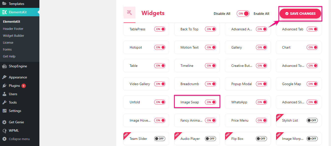 ElementsKit'in görüntü takas widget'ını etkinleştir