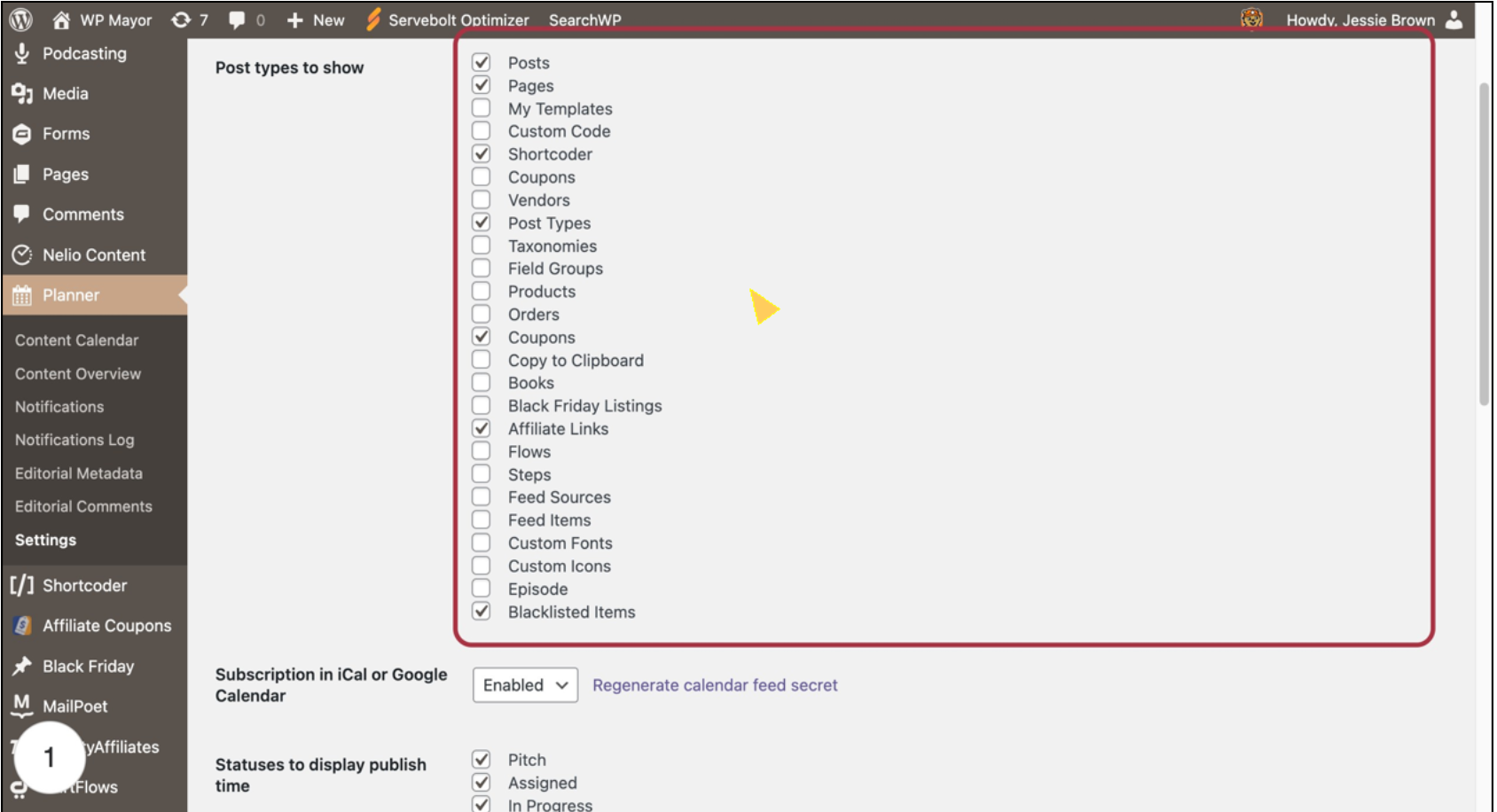 PublishPress selecione os tipos de postagem para mostrar no calendário de conteúdo