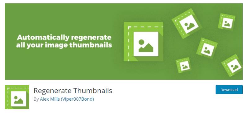 Screenshot der WordPress-Downloadseite des Plug-ins „Thumbnails neu generieren“ für Entwickler