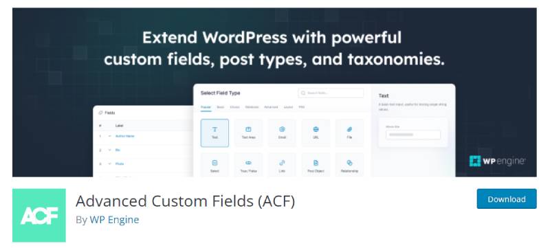 高度なカスタムフィールドのWordPressプラグインのダウンロードページのスクリーンショット