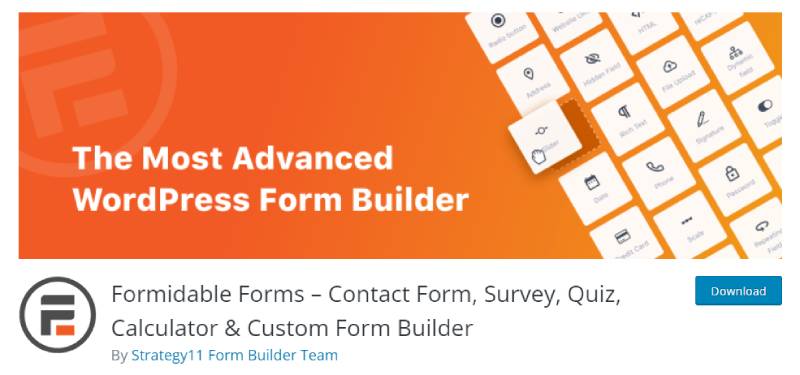 Captura de pantalla de la página de descarga del complemento de formularios formidables
