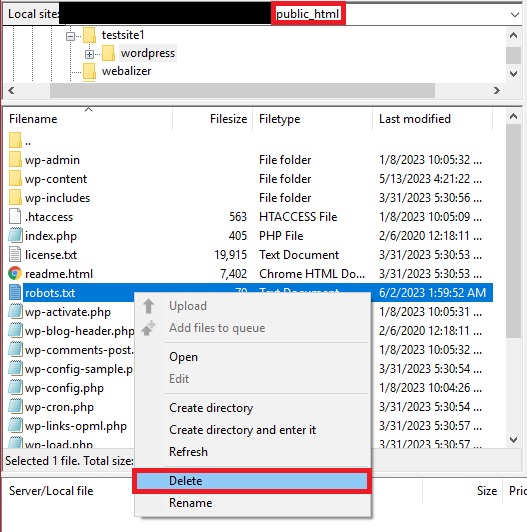 ลบไฟล์ ลบ robots.txt จาก wordpress