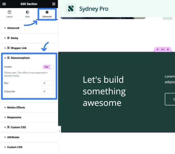 Sydney Pro agrega una opción Glassmorphism a Elementor