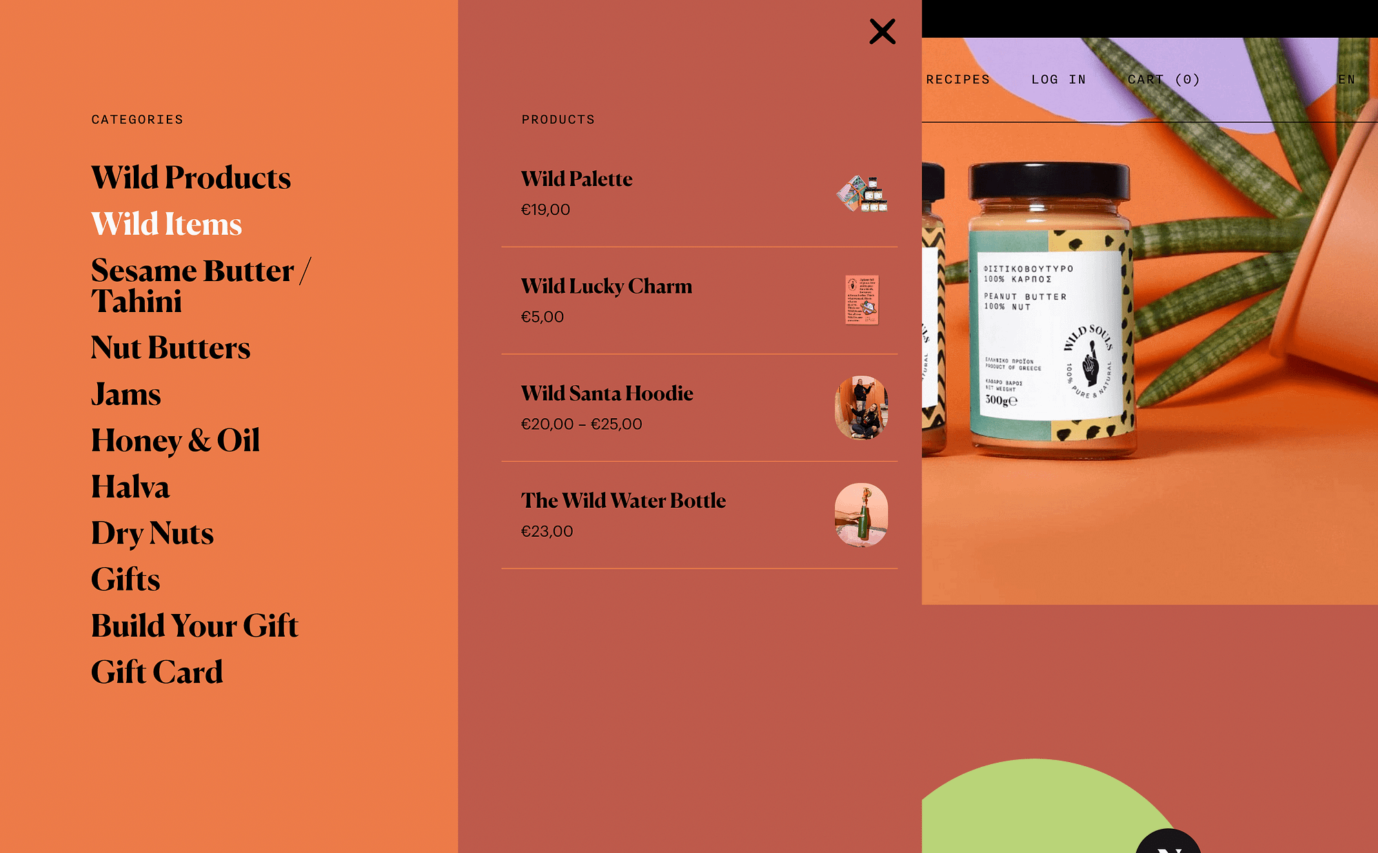 O menu vertical de produtos do site Wild Souls.