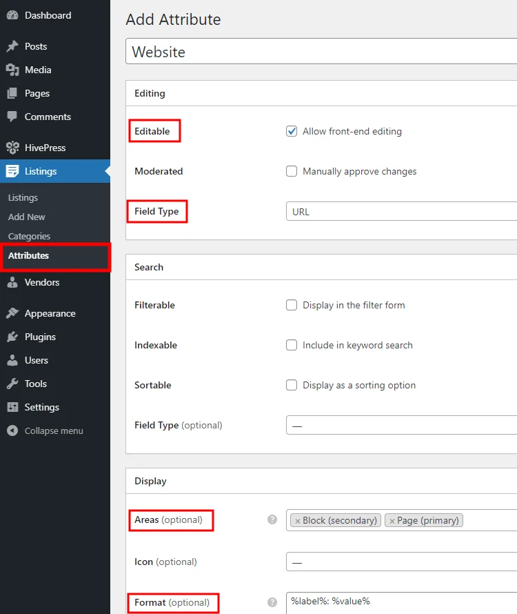 Menambahkan bidang cantuman ubahsuaian ke situs web direktori bisnis.