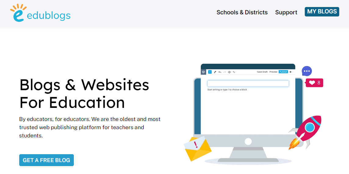 最适合教师的网站建设者：Edublogs 主页。