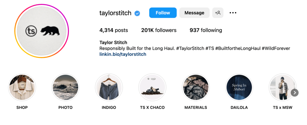 perfil taylorstich do instagram - um exemplo de marca de roupas dos EUA