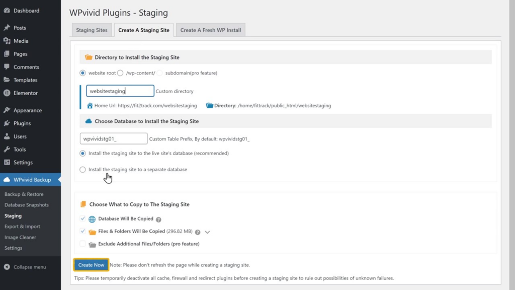 Fai clic sul pulsante "crea ora" per creare un sito di staging