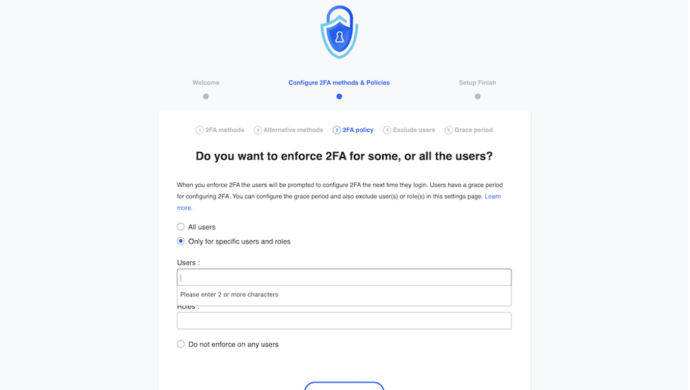 การเพิ่มบทบาทของผู้ใช้ในนโยบาย 2FA ในตัวช่วยสร้างการตั้งค่า