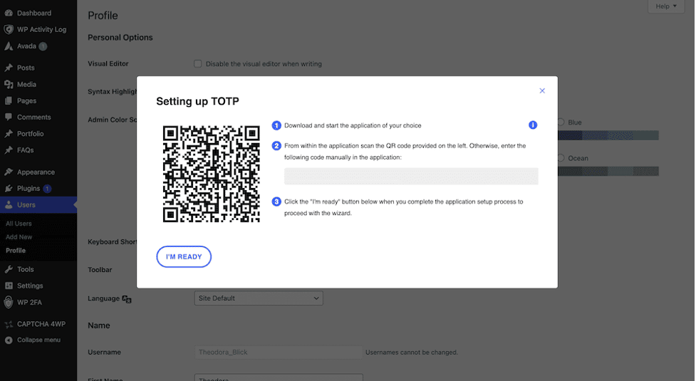 Le code QR WP 2FA dans le back-end WordPress.