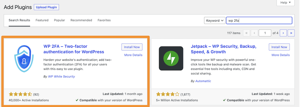 WordPress 대시보드에서 WP 2FA 플러그인 찾기.
