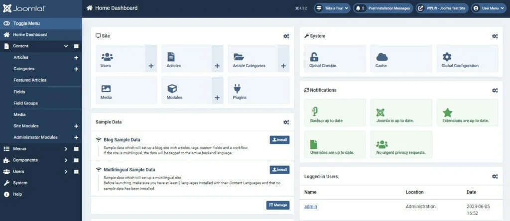 wordpress vs joomla - etapa de facilidade de uso joomla