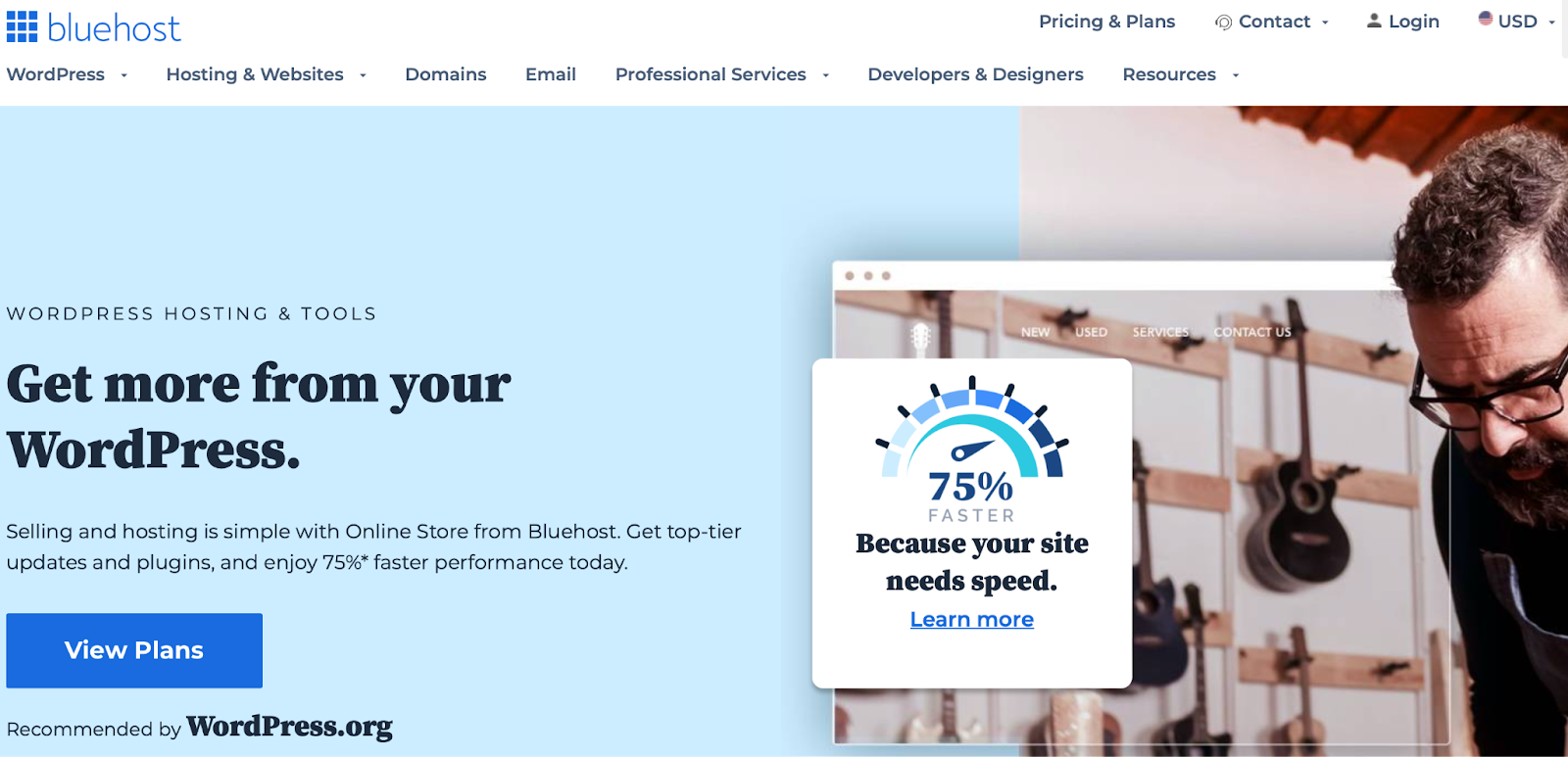 Bluehost WordPress 호스팅 페이지