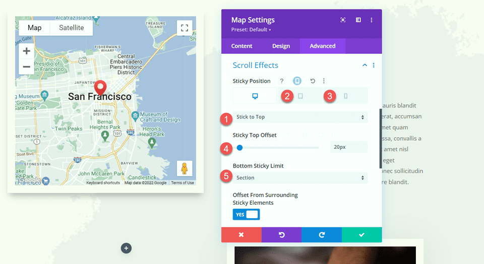 Divi Aggiungi effetti di scorrimento del modulo mappa adesiva