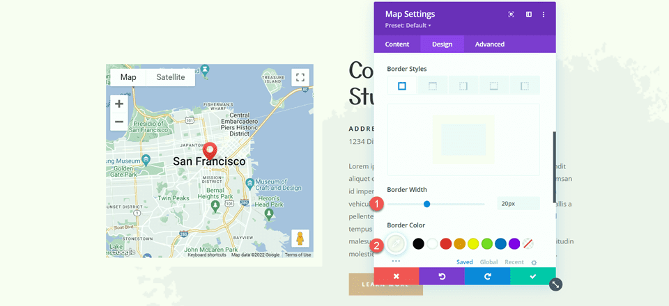 Divi Aggiungi le impostazioni del bordo del modulo mappa adesiva