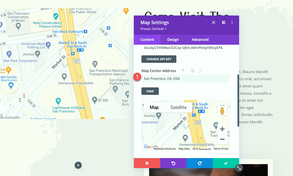 Divi เพิ่มที่อยู่ศูนย์แผนที่โมดูล Sticky Map