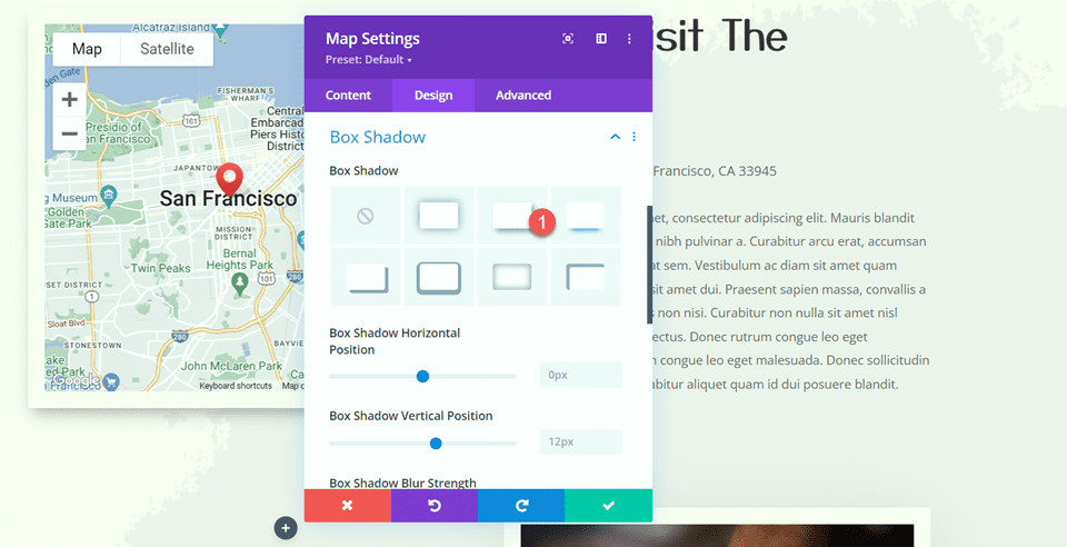 Moduł Divi Add Sticky Map Box Shadow