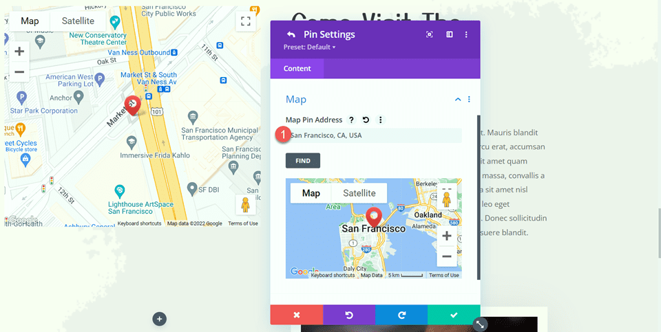 Divi เพิ่มหมุดแผนที่โมดูล Sticky Map