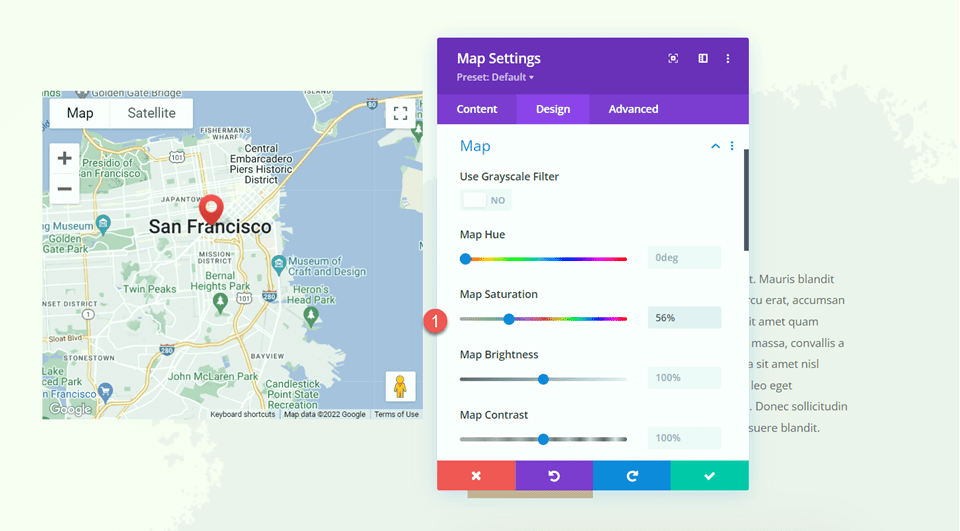 Divi スティッキー マップ モジュールのマップの彩度を追加