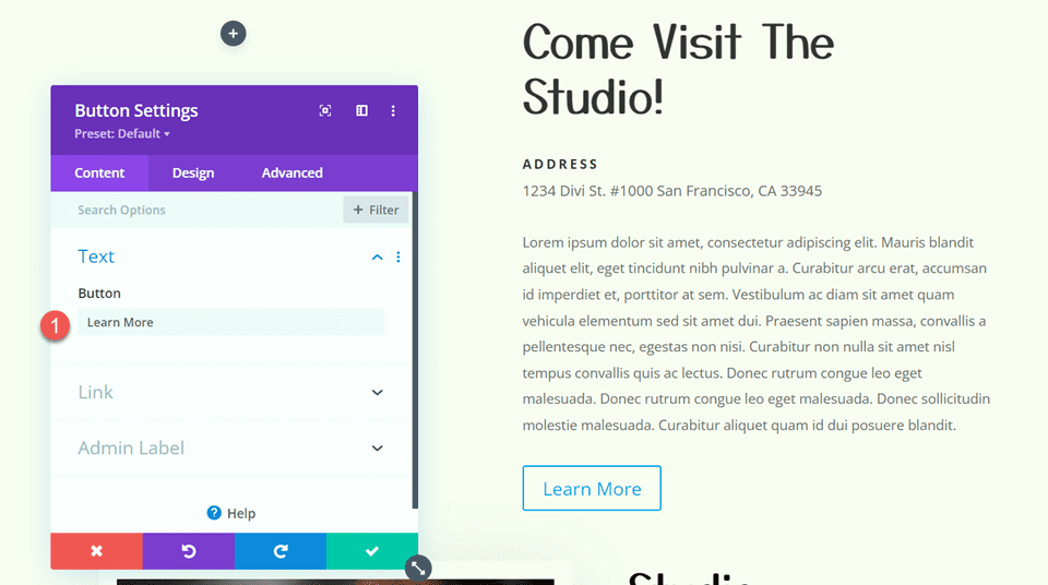 Текст кнопок Divi Add Sticky Map Module