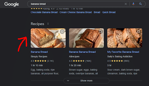 Risultati di ricerca per "pane alla banana" utilizzando il markup dello schema per mostrare una valutazione a stelle per ogni ricetta, nonché il tempo di cottura e i primi ingredienti nell'elenco