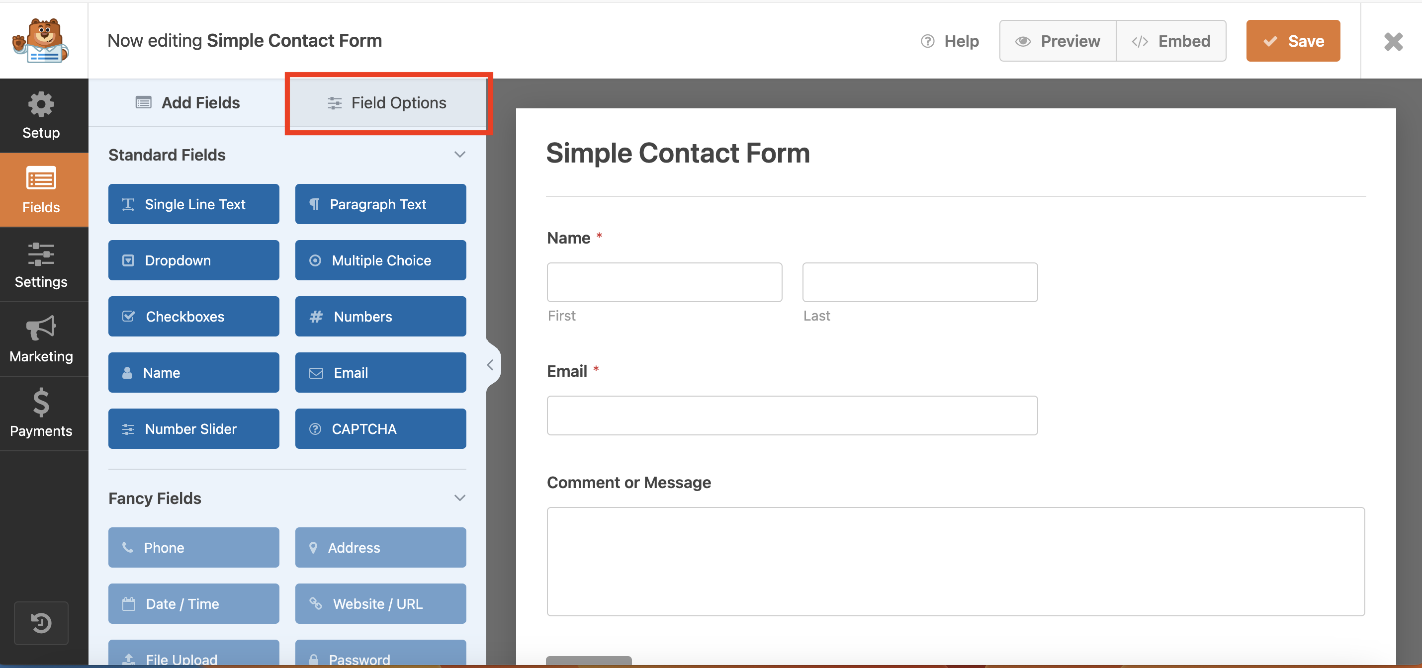 options de champ dans le formulaire de contact