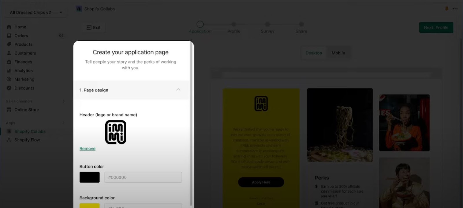 Page d'application sur Shopify Collabs