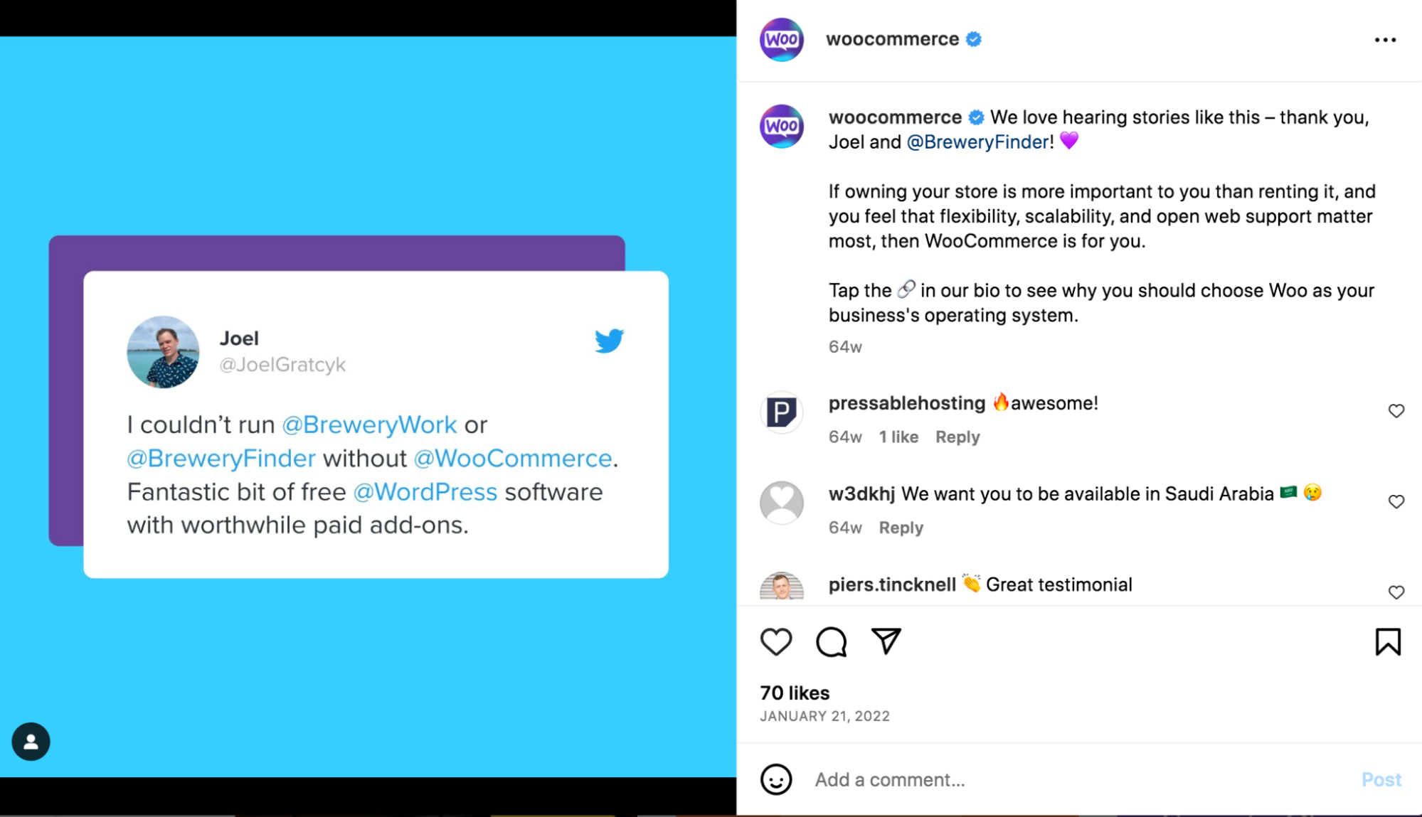 WooCommerce Instagram의 고객 평가 예시