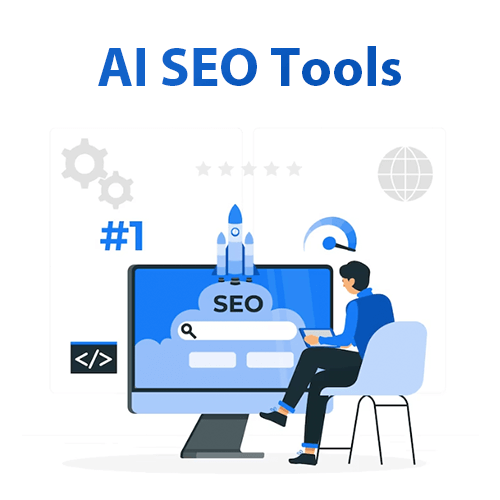 Vector image of a guy sitting in chair with a large PC and a tablet in hand. PC has a picture of AI SEO Tools